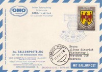 26. Ballonpost 21.10.1961 Wels Blaustempel OMO Karte